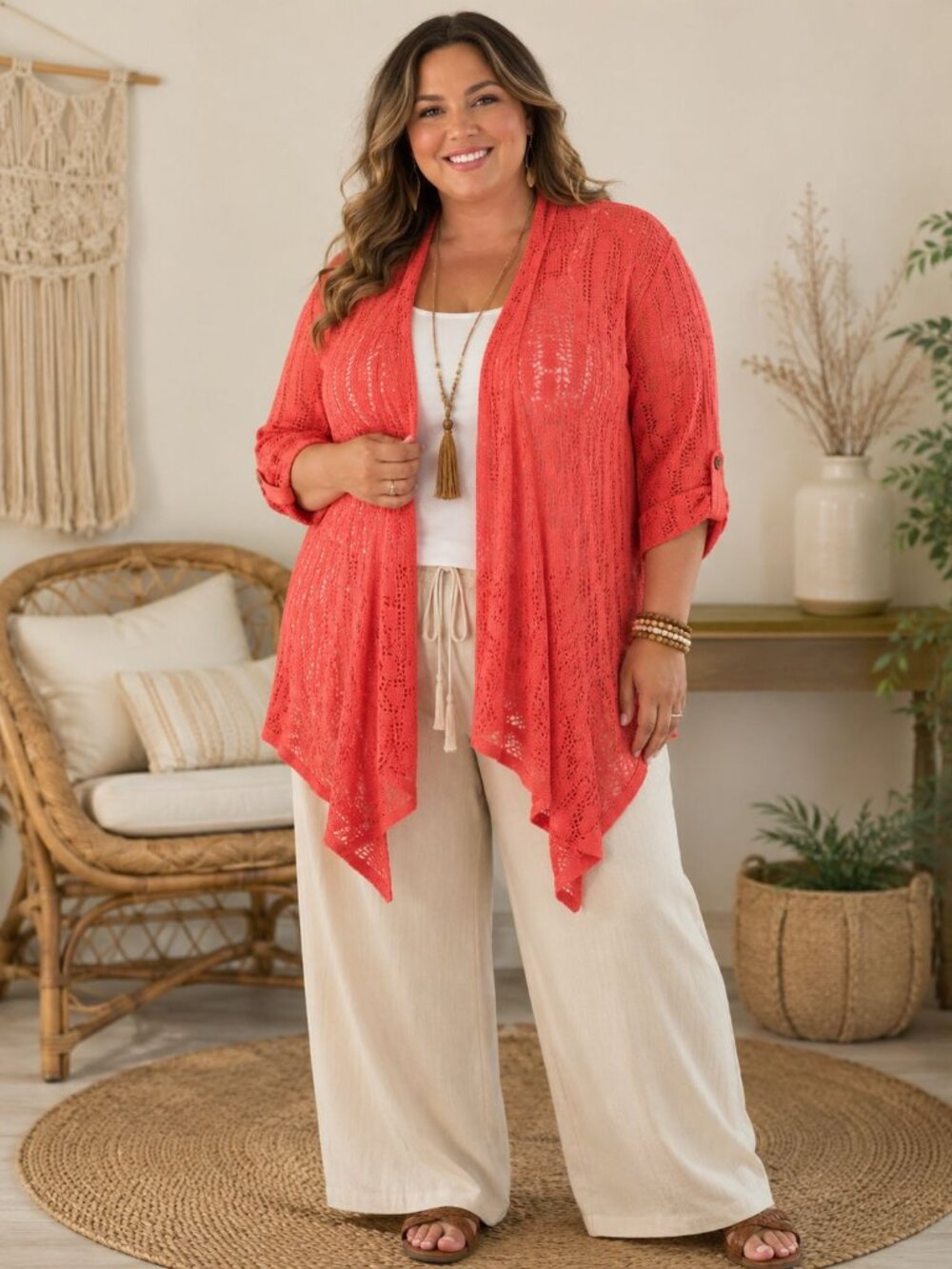 Woman Within Pointelle Knit Open Front Cardigan 4X Salmon Waterfall Boho Coastal